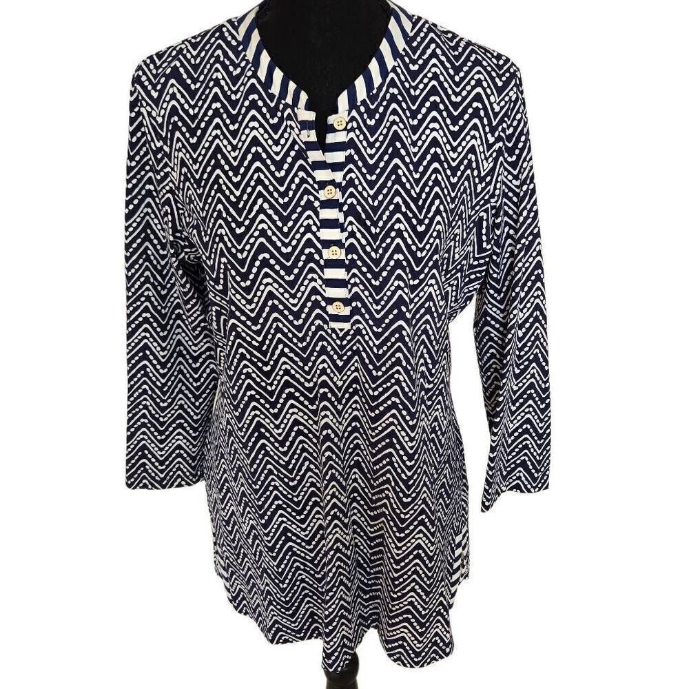J. McLaughlin Womens Chevron Quarter Sleeve Boca Tunic Blouse Navy White Medium